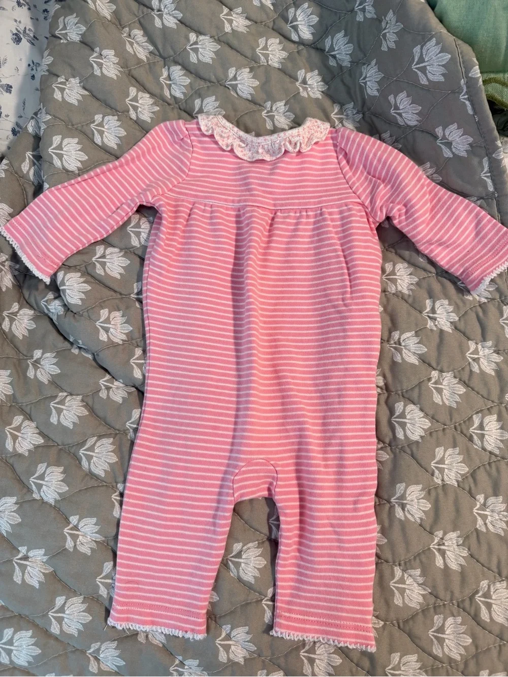 Ralph Lauren Pink & White Striped Baby Footie with Lace Trim